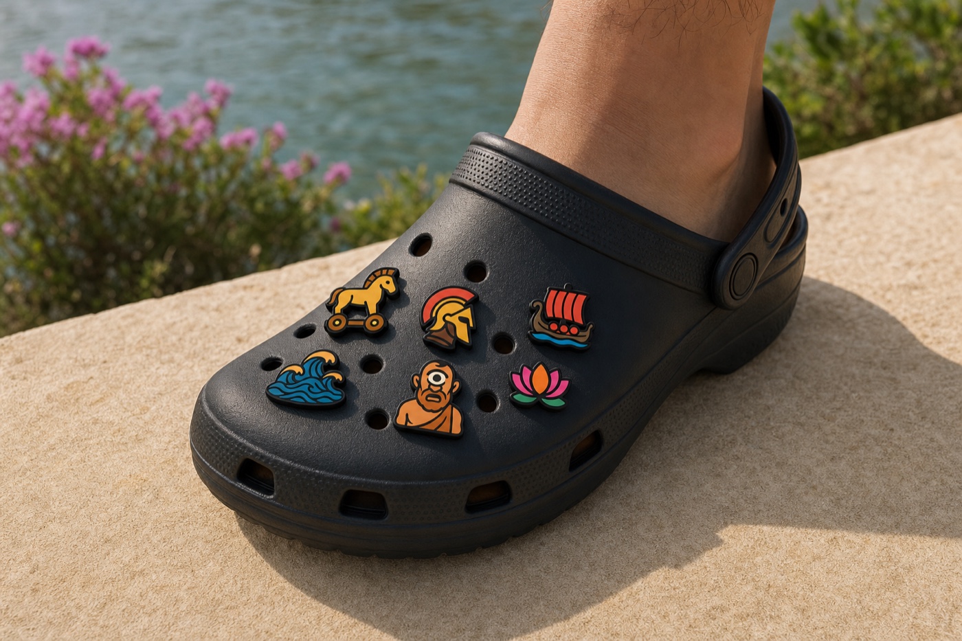 The Odyssey collection of colourful Happtix clog charms on a black clog shoe
